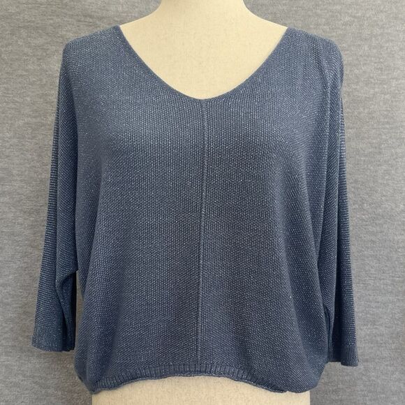 Free For Humanity Lagenlook Boxy Sweater One Size Metallic Blue Batwing Pullover - Picture 2 of 10